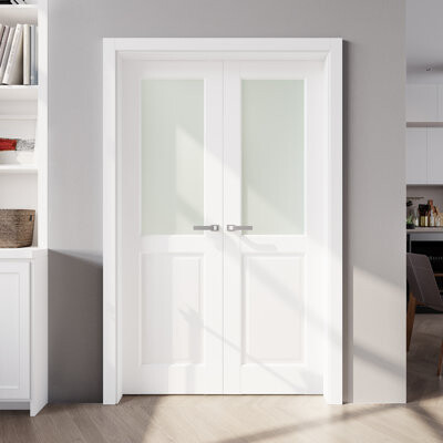 SMARTSTANDARD 80" Half Frosted Glass Double Slab Door Solid Wood White Primed Standard Door Without Hardware Kit