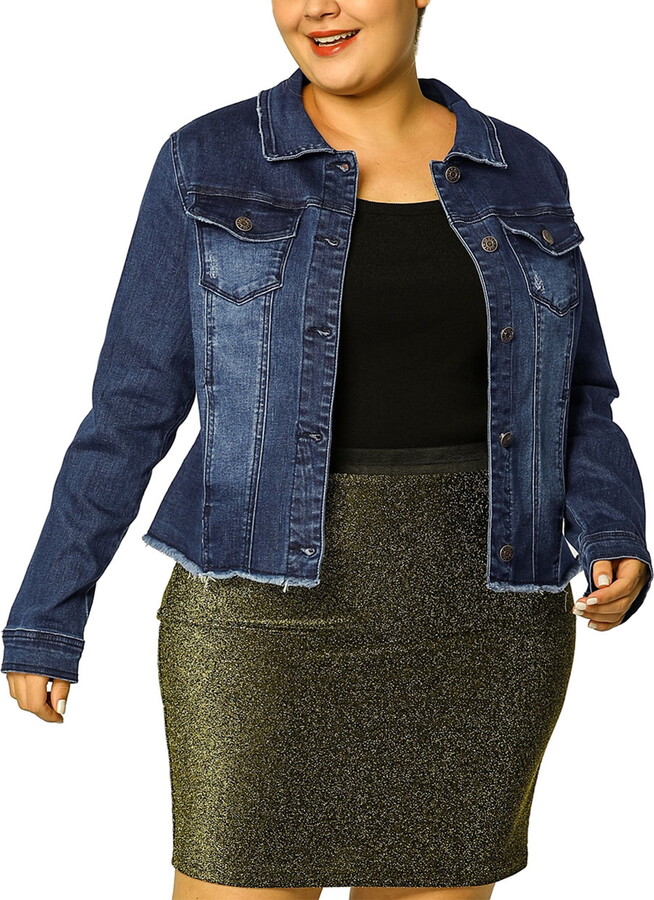 Unique Bargains Women’s Plus Size Washed Front Frayed Classic Denim Jacket 3X Dark Blue
