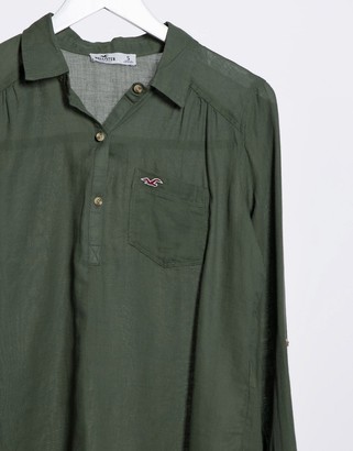 Hollister sheer button-through shirt in khaki