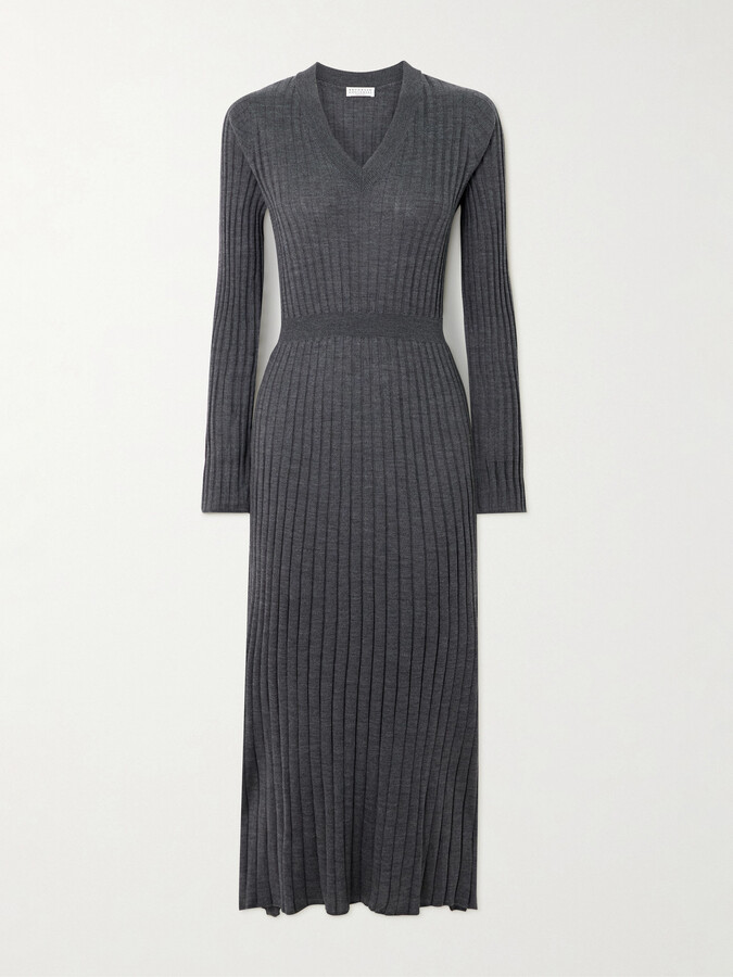 Brunello Cucinelli Ribbed Wool Midi Dress - Gray