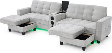 Modern U-shaped Sofas With Storage, Portable Consoles, Bluetooth Speakers, Led Lights For Home, Light Grey