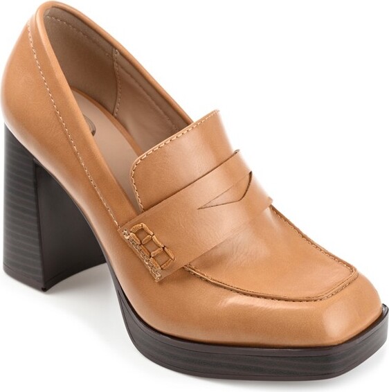 Journee Collection JourneeCollectionWomen'sEzzeyLoaferMidStackedHeelSquareToePumpsTan12
