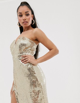 TFNC Petite bandeau sequin maxi dress with thigh split in gold