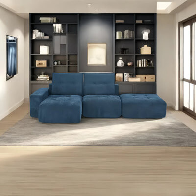 Latitude Run L-shaped Sofa No Assembly Required Wide Deep Seat Convertible Linen Floor Sofa Set For Living Room