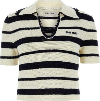 【2plan】Miu Stripe Collar Knit Miu Miu Striped Knitted Polo Shirt | White | FARFETCH