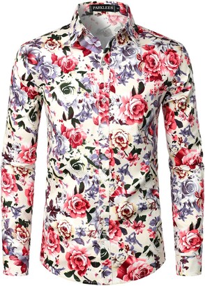 PARKLEES Men's Floral Printed Long Sleeve Button Down Party Casual Fancy Floral Shirts