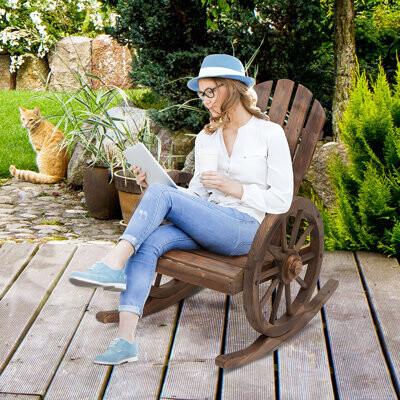 Millwood Pines Outsunny Wooden Rocking Chair Adirondack Rocker Chair W/ Slatted Design And Oversized Back Outdoor Rocking Chair With Wagon Wheel Armrest For Porch