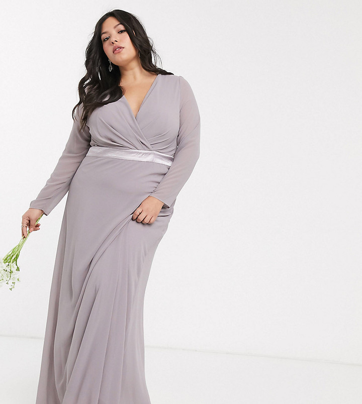 TFNC Plus Bridesmaids long sleeve bow back maxi dress in gray - ShopStyle