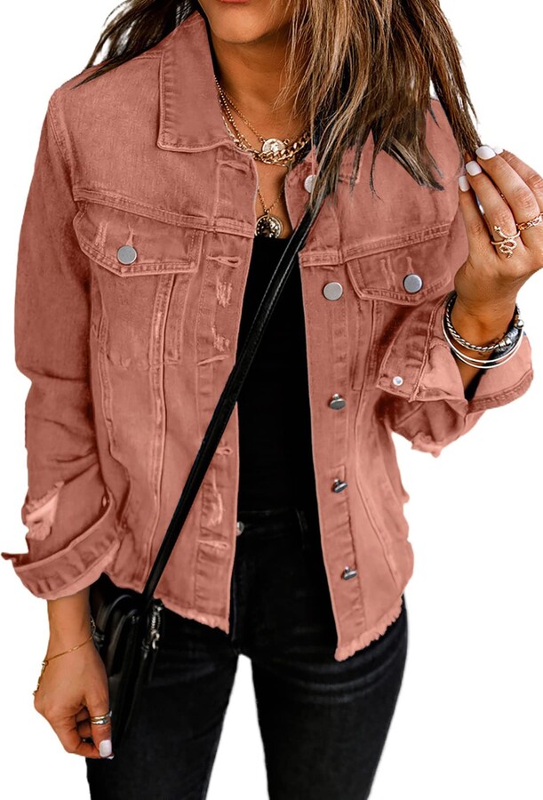 ROSKIKI Ladies Ripped Distressed Boyfriend Trucker Jacket Long Sleeve Lapel Button Up Denim Jean Coat with Pocket Pink&Orange Medium - ShopStyle