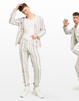 Thumbnail for your product : ASOS DESIGN soft tailored linen mix slim suit trousers multi stripe in white and blue