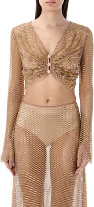Tシャツ・カットソー SELF PORTRAIT Embellished Stretch Mesh Top SELF-PORTRAIT Twist-front cutout crystal-embellished stretch