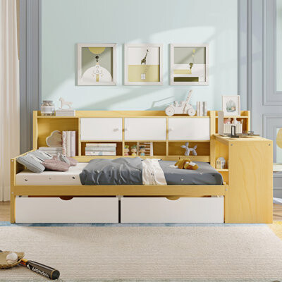 Harriet Bee Wooden L-Shape Daybed With Seven Storage Cabinets And Two Storage Drawers Multi-Functional Bed With Study Desk And Built-In Bookshelf White