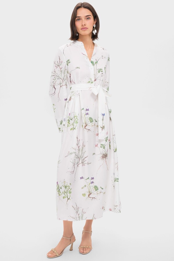 Erdem Botanical Garden White Long Sleeve Tie Waist Midi Dress