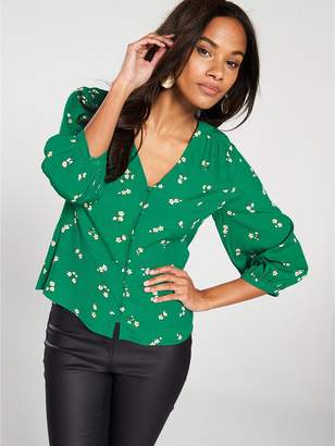 Warehouse Verity Ditsy Floral Button Front Top - Green