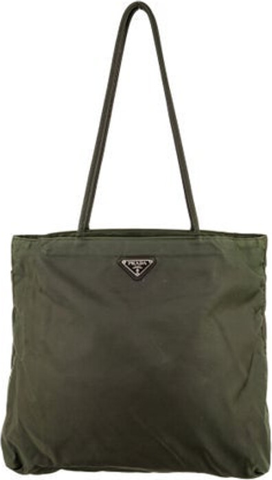 Prada Tote Green Tessuto Tessuto Nylon & Enameled Metal Triangle Silver-Tone Hardware Logo Jacquard Lining Open Top