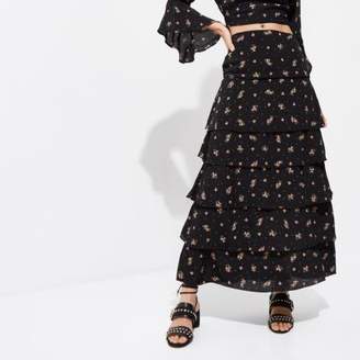 River Island Womens Black ditsy floral print tiered maxi skirt