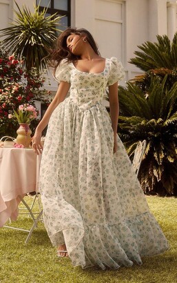 Blue Floral Corset Puff Sleeve Tiered Skater Maxi Dress - ShopStyle