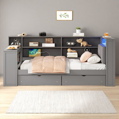 Full Size Multi-Functional Platform Bed - Upholstered Bed with Storage Shelves, Drawers, Charging Station, LED Headboard & Built-in Desk (550 lb Capac