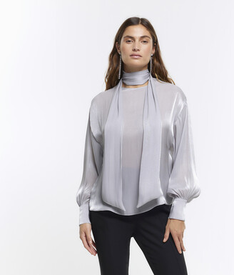 womens silver satin blouse