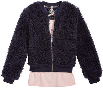 Beautees 2-Pc. Faux-Fur Bomber Jacket, Printed Tank and Necklace Set, Big Girls