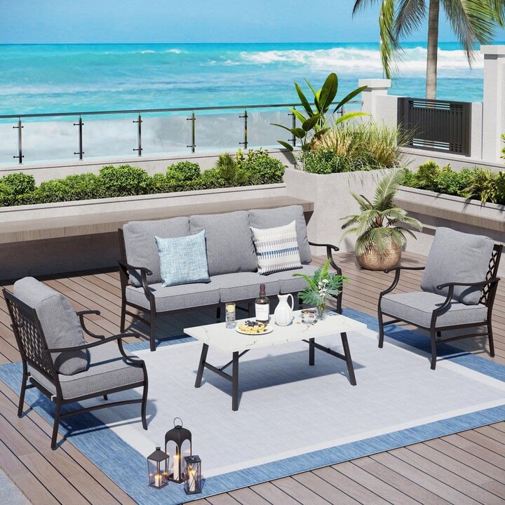 Black 5 Seat 4-Piece Metal Steel Outdoor Patio Conversation Set with Gray Cushions and Table with Marble Pattern Top