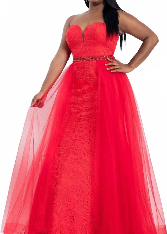RACHEL ALLAN Strapless Lace Floral Prom Dress With Overskirt In Red