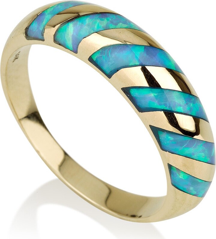 Etsy Gold Striped Opalite Ring, Domed 14K Band, Turquoise Colored Stone, Unique Iridescent Gemstone Israel Ring