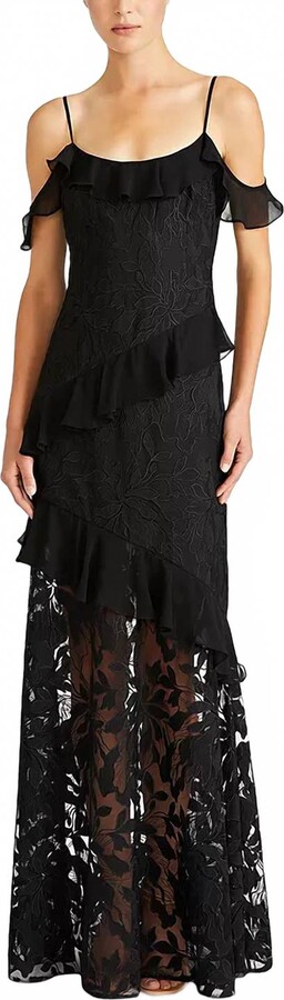 ML Monique Lhuillier Siennaruffle Cold Shoulder Lace Gown Dress In Black