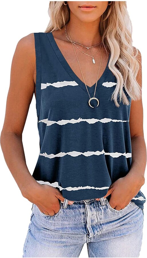 TYTUOO Ladies Shirts Blouses Fashion Loose Sleeveless Button V Neck Ladies Summer  Tops Casual Stripe Tank Tops Women(A-Blue XL) - ShopStyle