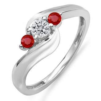 DazzlingRock Collection 10K White Gold Round Ruby And White Diamond Ladies Swirl Engagement 3 Stone Bridal Ring (Size 9.5)