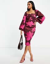 Thumbnail for your product : ASOS DESIGN square neck wrap bust super sleeve pencil midi dress in oversized floral print