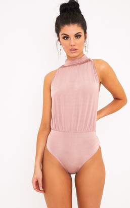 PrettyLittleThing Laura Pink Slinky Shimmer High Neck Thong Bodysuit