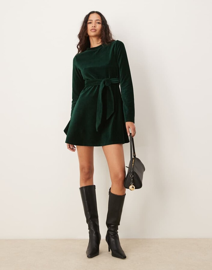 ASOS DESIGN velvet corduroy mini tie dress with fluted sleeves in forest green