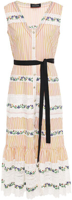 Saloni Lorna Embroidered Lace-paneled Striped Cotton-poplin Midi Dress