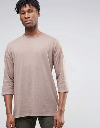 ASOS Oversized 3/4 Sleeve T-Shirt With Garment Dye And Contrast Neck In Tan