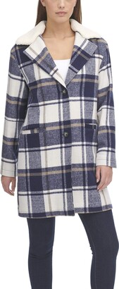 Levi's women's wool plaid sherpa collar top coat Clearance