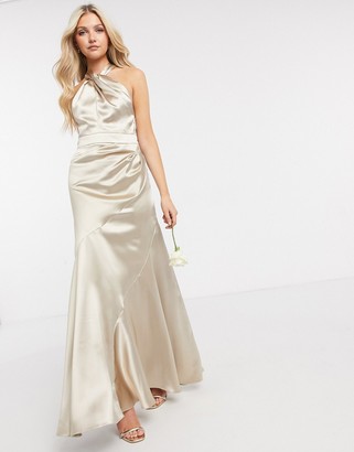 ASOS DESIGN Bridesmaid satin halter maxi dress with paneled skirt and keyhole detail