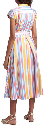 Loro Piana Striped Cap-Sleeve Belted Midi Dress