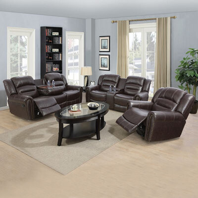 Lark Manor 3 Piece Oversize Premium Leather Manual Recliner With Rivets Living Room Set