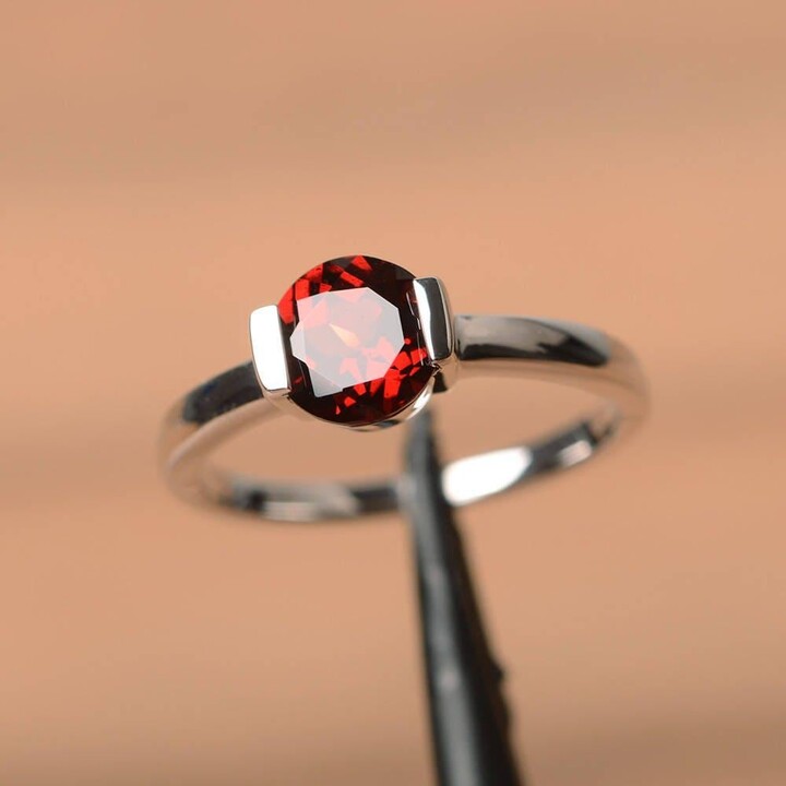 Etsy Natural Garnet Ring Anniversary January Birthstone Red Gemstone Sterling Silver Solitaire