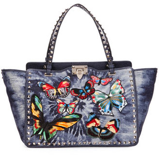 Valentino Rockstud Butterfly-Embroidered Tie-Dye Tote Bag, Denim