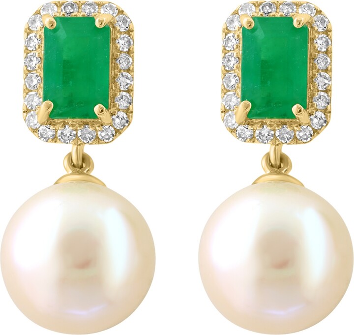 Effy Freshwater Pearl (9mm), Diamond (1/5 ct. t.w.) and Emerald (1-1/10 ct. t.w.) Earring in 14k Yellow Gold