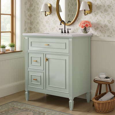 Charlton Home 30" Free-Standing Single Bathroom Vanity With Ceramic Sink, Storage Cabinet With Solid Wood Frame & 1 Flip-Out Drawer & 2 Side Drawers