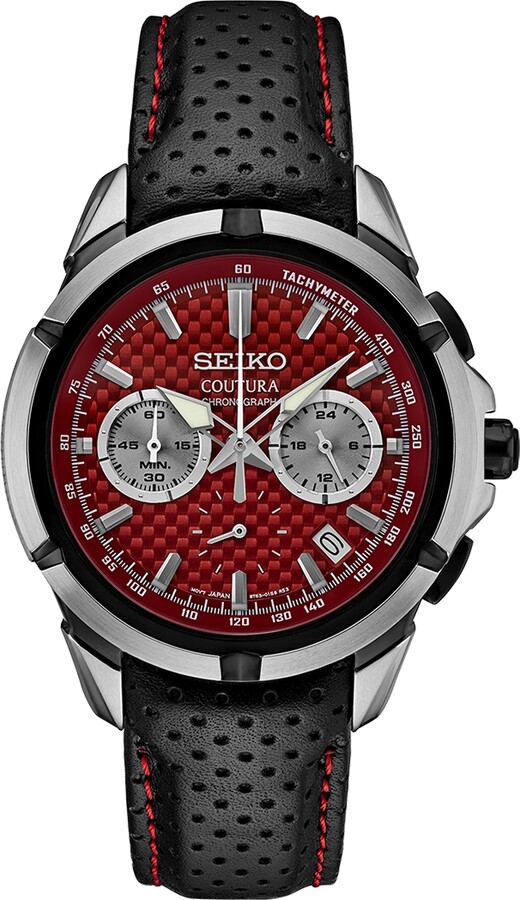 Seiko Men's Chronograph Coutura Black Perforated Leather Strap Watch 42mm