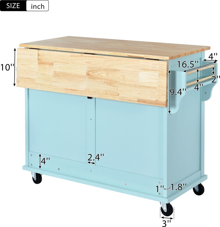 LELATTRADE Mint Green Kitchen Island Cart w/ DropLeaf Countertop