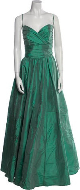 Catherine Regehr Silk Evening Gown Green Pleated & Ruffle Accents Sleeveless with Square Neckline Concealed Zip Closure at Back