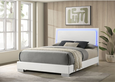 Ivy Bronx Strick & Bolton White High Gloss Wood Queen LED Panel Bed