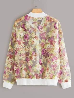 Shein Plus Floral Print Mesh Bomber Jacket