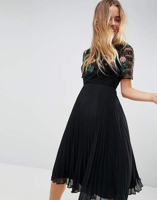ASOS DESIGN Embroidered Midi Pleat and Lace Dress