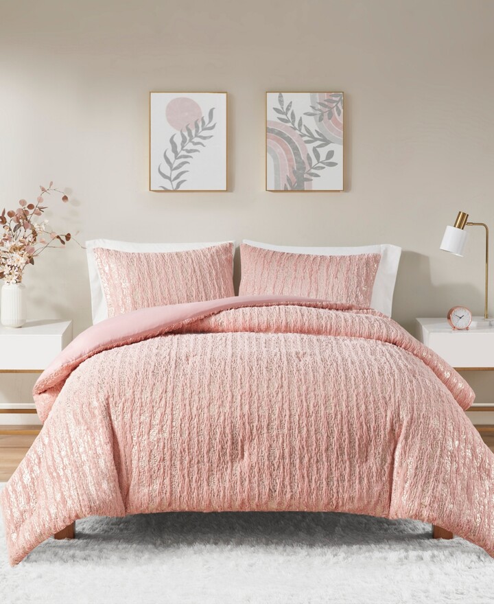 Intelligent Design Naomi Metallic Print Faux Fur 2 Piece Comforter Set, Twin/Twin Xl - Blush, Gold
